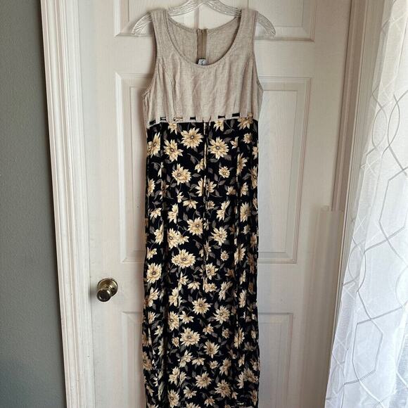 Vintage Sunflower Dress Sleeveless Tie Waist Belt Floral Summer Spring Size M - Picture 1 of 4